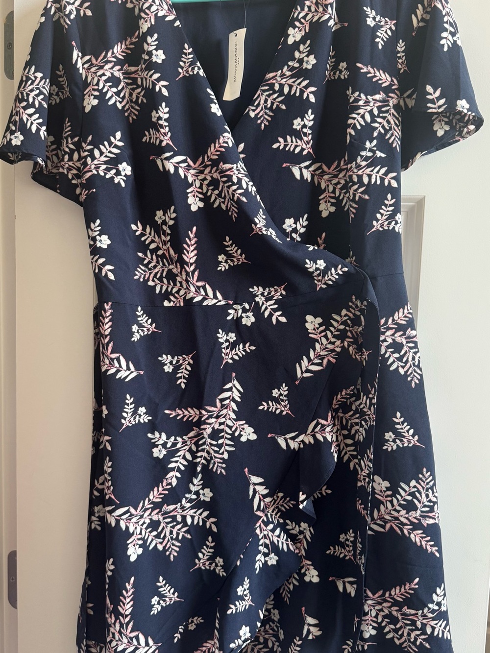 LOFT Navy Wrap Dress with Pink & White Floral Sprig